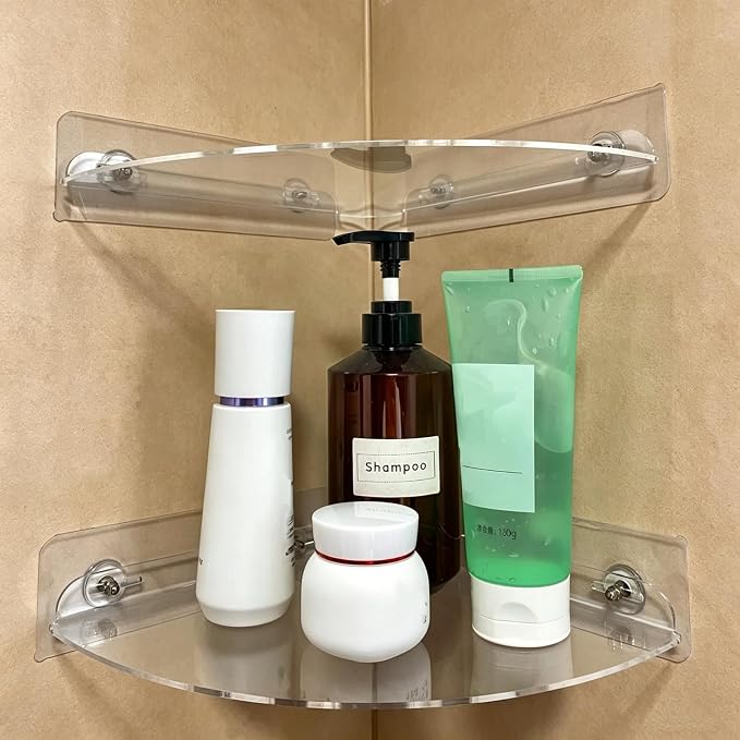 Corner Shower Caddy Shelf Rack 2 Tier Adhesive Shower Organizer Essentials - No Drilling Acrylic Bathroom Storage Rack with Hooks No Drilling Shelves (8.5"x8.5" 2 Tier Clear)