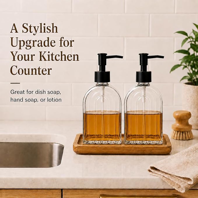 2 Pack Arch Glass Soap Dispenser with Acacia Wood Tray, 11oz Clear Rainbow Decorative Hand Soap Dispenser with Rustproof Pump, Refillable Liquid Dispenser for Bathroom, Kitchen, Countertop