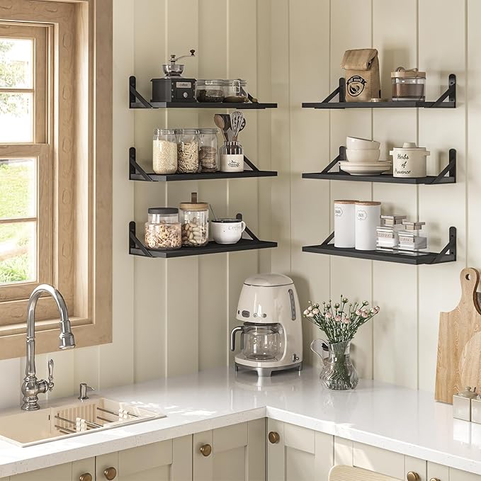 YGEOMER 16.5in Floating Shelves for Wall Home Decor, Black Set of 6 | Rustic wood shelves with metal brackets. Space-saving for books & decor. Works in bathroom, kitchen, living room & bedroom.