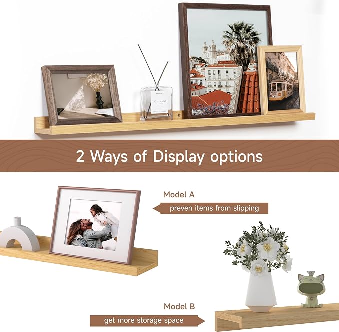 Fun Memories Picture Ledge Shelf, 32 Inch Floating Shelves Set of 2, Large Nursery Book Shelves for Toys Storage, Kids Bookshelf Wall Mounted for Wall Decor Books Photo Frames, Oak