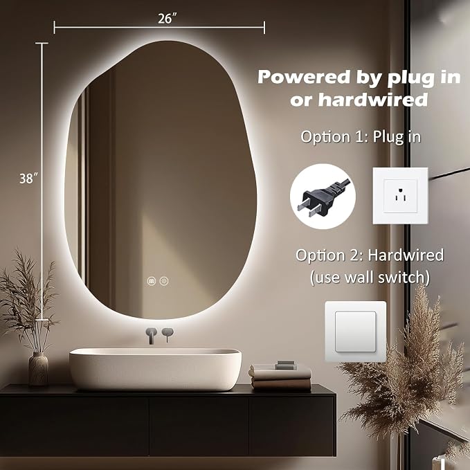 LED Mirror for Bathroom, 26x38 Inch Irregular Backlit Mirror | 3 Colors, Dimmable, Anti-Fog, Memory Function, Horizontal/Vertical, Al Alloy Lampshade, HD Glass, Rust-proof Treatment, UL
