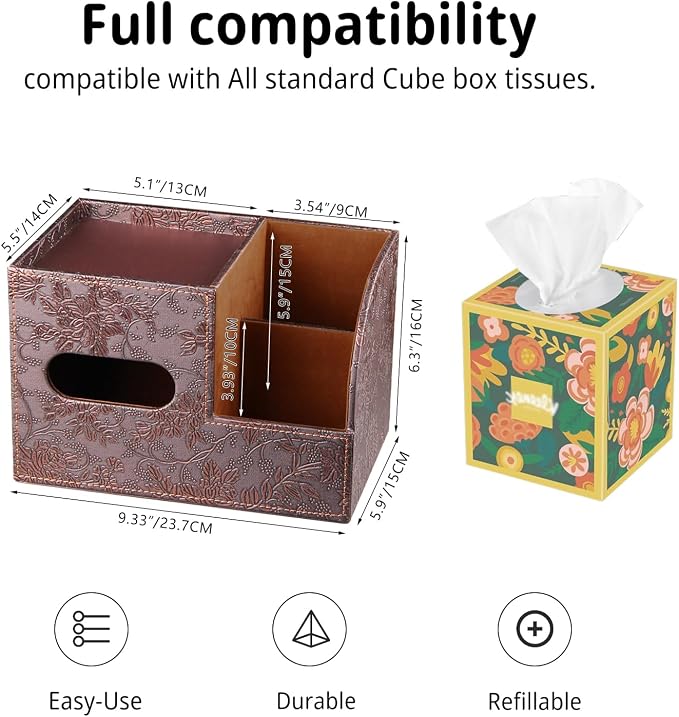 PU Leather Square Tissue Box Cover with Storage Tray,Cube Tissue Box Holder