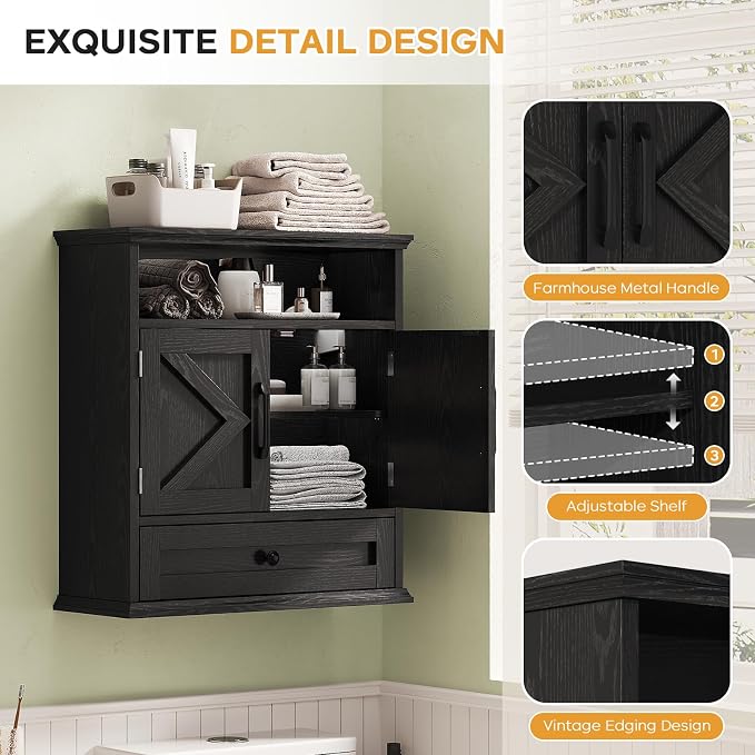 Bathroom Wall Cabinet, Wall Mounted Medicine Cabinet 24.4"H x 23.6"W x 9"D | With Drawer, Barn Doors & Adjustable Shelf, Black Over Toilet Farmhouse Storage Cabinet for Kitchen, Laundry Room, Entryway