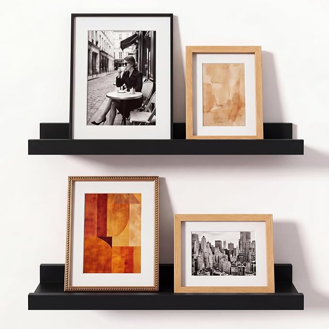 Black Picture Ledge Shelves for Wall, 4.5" Deep Wood Floating Shelves with Lip for Bedroom, Living Room, 13.7" Width, Color Black Set of 2