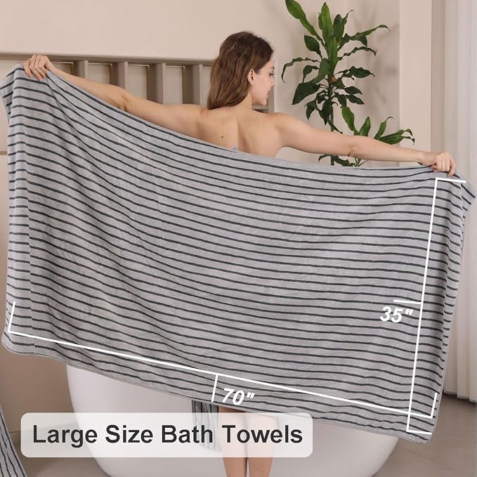 4 Piece Grey Cabana Stripe Large Bath Towels Oversized Bath Sheet Super Soft Breathable Jumbo Bathroom Towels Highly Absorbent Shower Towel Quick Dry Beach Chair Towel Spa Gym Hotel Towel Set