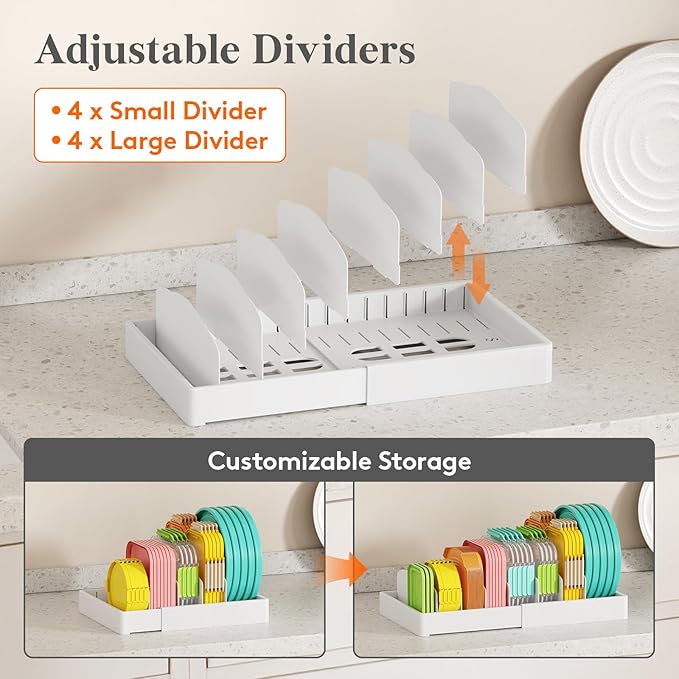 Lifewit Kitchen Cabinet Organizer for Food Contanier Lid with 9 Sections | Expandable Lids Holder with 8 Adjustable Dividers for Pantry Organizers and Storage, Home Organization, Large, 9.8"-17"