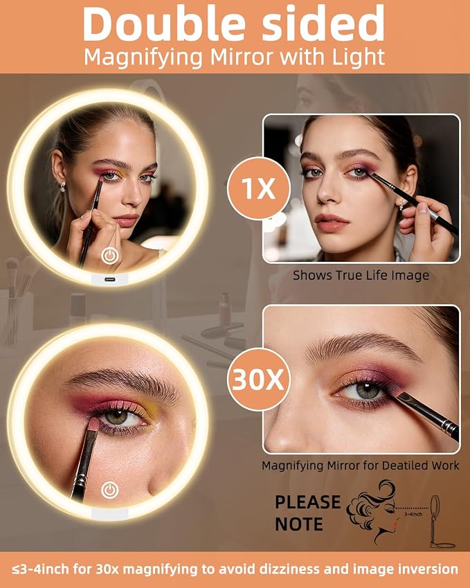 30X/1X Makeup Magnifying Mirror with Lights, 6inch Double-Sided LED Mirror | 360° Rotation Folding Bracket, 3 Color Dimmable Lights, Rechargeable 1500mAh Battery, Desktop 1X/30X Travel Magnifying Mirror