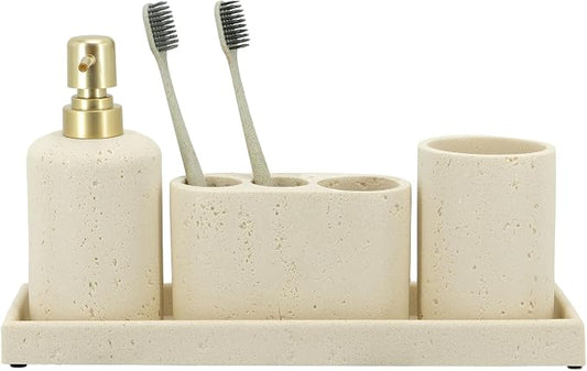 -Beige Bathroom Accessories Set 4 Pcs - Toothbrush Holder, Soap Dispenser, Vanity Tray, Bathroom Tumbler - Countertop Vanity Organizer - Bathroom Accessory Set- Toothbrush Holder Set, Stone Sets