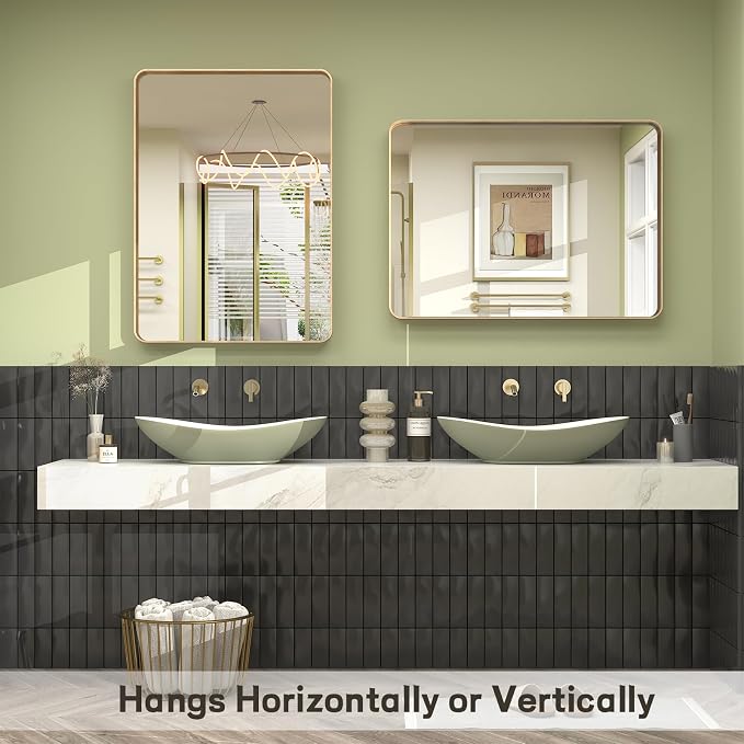 30x36 Gold Framed Bathroom Mirror for Wall | Brushed Gold Metal Frame, Rounded Rectangle Gold Mirror, Anti-Rust, Shatterproof, Hangs Horizontally or Vertically