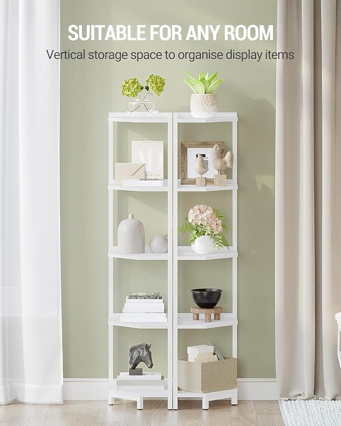 Hzuaneri Corner Shelf Stand 5-Tier Corner Bookshelf Storage Standing Shelf | Bookcase Plant Stand with Metal Frame for Living Room, Home Office, Bedroom, White CS05913W