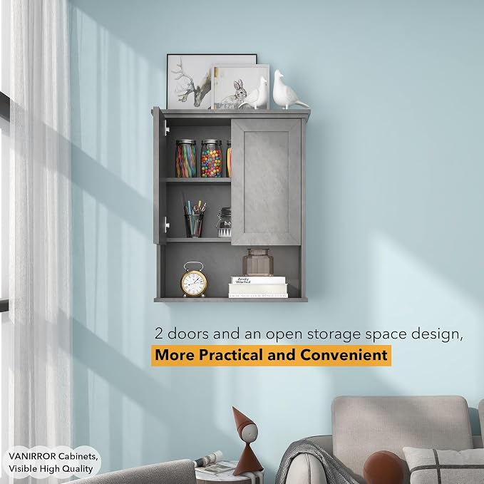 VANIRROR Bathroom Wall Cabinet Over Toilet Storage Cabinets 25x30 inchs | Above Toilet Wood Medicine Cabinets for Kitchen Wall Mounted Cabinet with 2 Door & Adjustable Shelf Texture Grey
