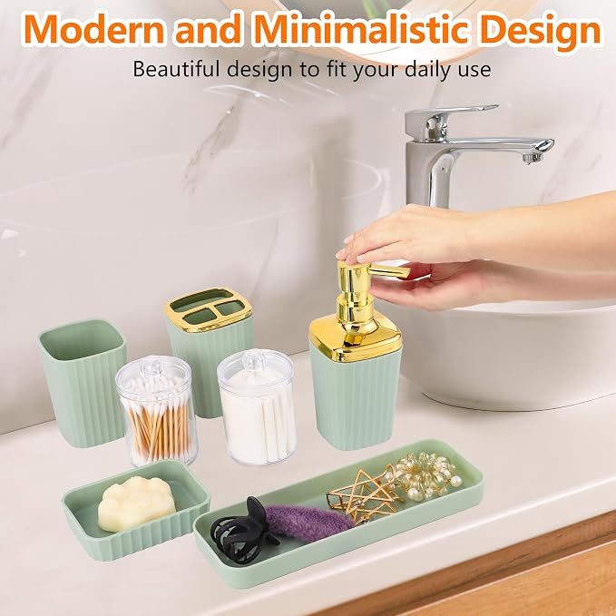9 PCS Green Bathroom Accessories Set with Trash Can Bathroom Accessory | All-in-One Kit with Trash Can,Toothbrush Holder,Soap Dispenser,Toothbrush Cup,Vanity Tray,Soap Dish,Toilet Brush etc for Home
