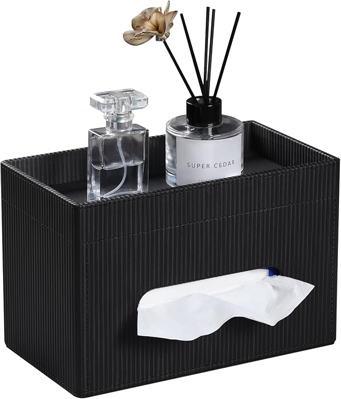 Rectangular Tissue Box Cover PU Leather Tissue Box Holder Rectangle | Magnetic Closure, Storage Tray, For All Full-Size Rectangular Tissue Box, For Bathroom NightStands Office Desk Decorative