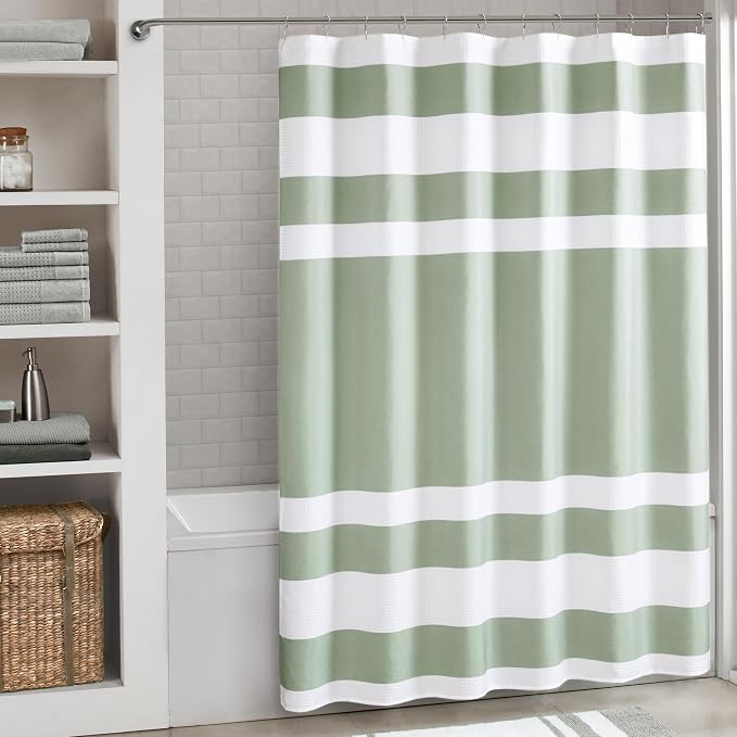 Madison Park Spa Waffle Extra Long Shower Curtain, 72 x 84, Sage Green | Striped, Pieced Fabric Design, 3M Scotchgard Moisture Management, Hotel Quality, Modern, for Bathroom, OEKO-TEX Certified