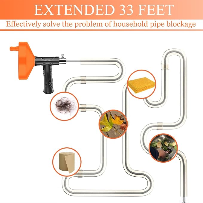 Drain Snake Auger, 33 FT Plumbing Snake Drain Hair Clog Removal Tool, Sink Unclogger Drain, Heavy Duty Snake Auger, Cleaner Tool for Bathroom Kitchen Tub Shower Drain Clog Remover with Gloves