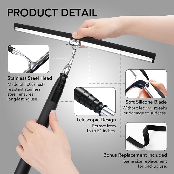 Shower Squeegee for Glass Doors, Telescopic Window Cleaner Tool | 15-51" Squeegee for Window Cleaning, Extendable Squeegee for Shower Glass for Tile Walls, Sliding Door, Floor, Car Windshield