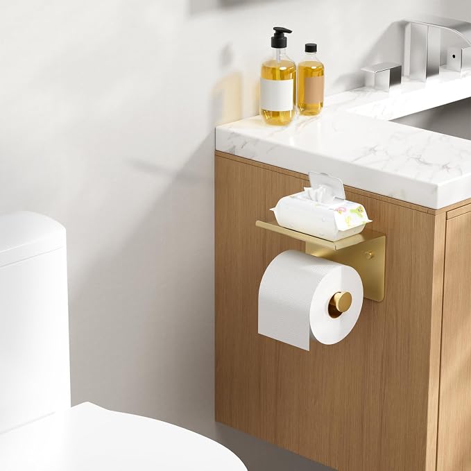 FORIOUS Toilet Paper Holder with Shelf, Adhesive or Screw, Brushed Gold | Wall Mount Toilet Paper Roll Holder for Bathroom, Stainless Steel Commercial Toilet Tissue Roll Dispenser with Phone Shelf