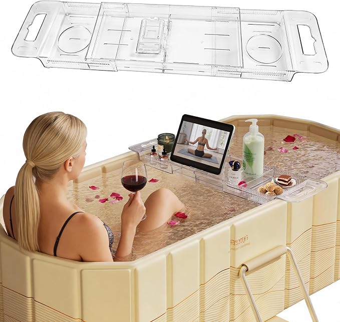 Foldable Bathtub Tray, Adjustable Expandable Bath Tray for Tub 22-31.4in | Clear Acrylic Bathtub Caddy Tray, Shower Tub Organizer Rack with Multi Compartments, Multi-Position Tablet Holder