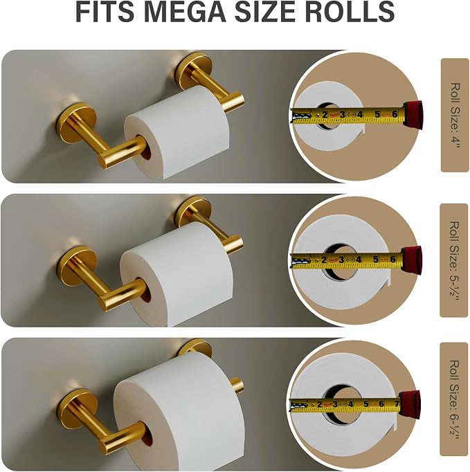 POKIM Brushed Gold Toilet Paper Holder - 304 Stainless Steel Double Post Wall Mount Tissue Dispenser, Anti-Slip Design, Fits Mega/Jumbo Rolls, Rustproof Bathroom Accessory for Home & Commercial Use