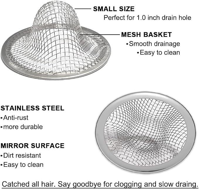 1.0" Small Drain Strainer, Sink Drain Hair Catcher, Bathroom Sink Drain Strainer, 2PCS Drain Mesh Baskets for Laundry, Mop Pool, Utility, Slop, RV Sink, Stainless Steel Drain Filter