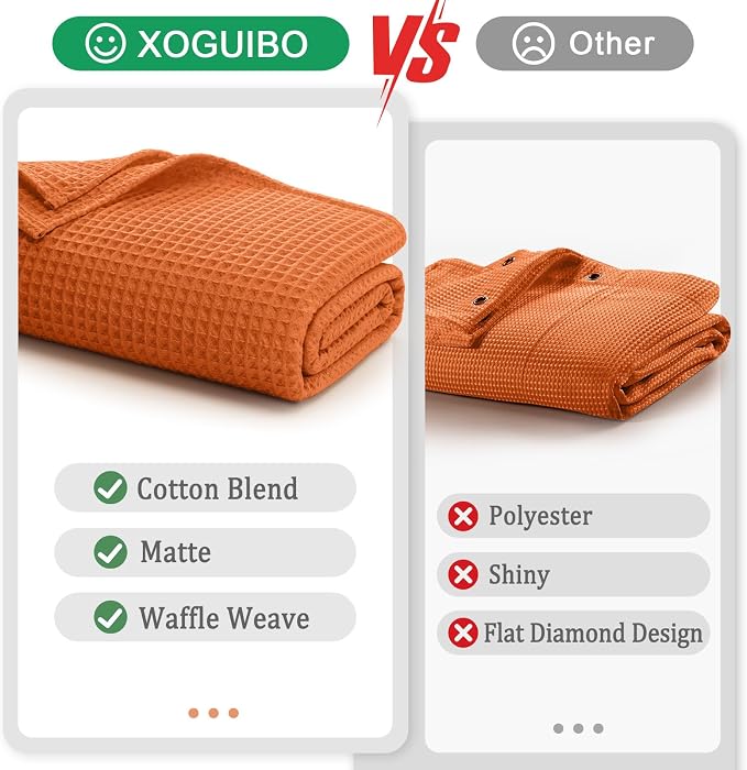 Waffle Weave Shower Curtain Heavyweight Cotton Fabric Orange 72Wx72L | Soft Cotton Cloth,3D Square Truely Waffle Washable, Hotel Luxury Spa, Shower Curtain Set for Bathroom 12 Plastic Hooks