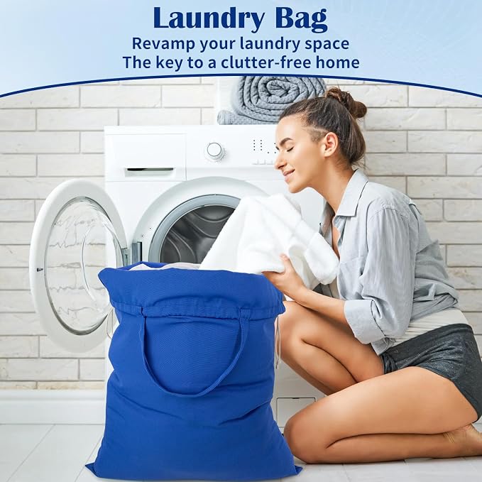 Laundry Bag with Handles & Drawstring Closure, 27.6"Wx35"H Blue, 1Pack | Thick 600D Fabric, Washable, For Camp, College Dorm, Laundromat