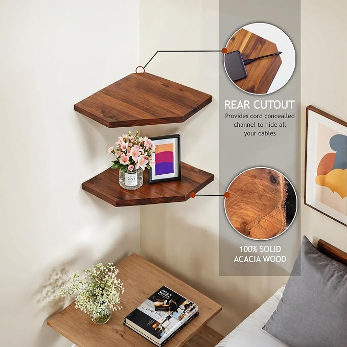 Demigo Corner Shelf Wall Mount, 2-Pack Acacia Wood Floating Corner Shelves | 11.8 x 16.5 in Wall Mounted Triangle Shelves for Bedroom, Living Room, Bathroom & Kitchen, Durable Storage Display Decor