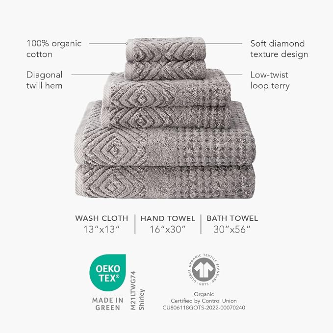 Texere 100% Organic Cotton Jacquard Towel Sets (Black (Diamond), 4 Bath Towels)