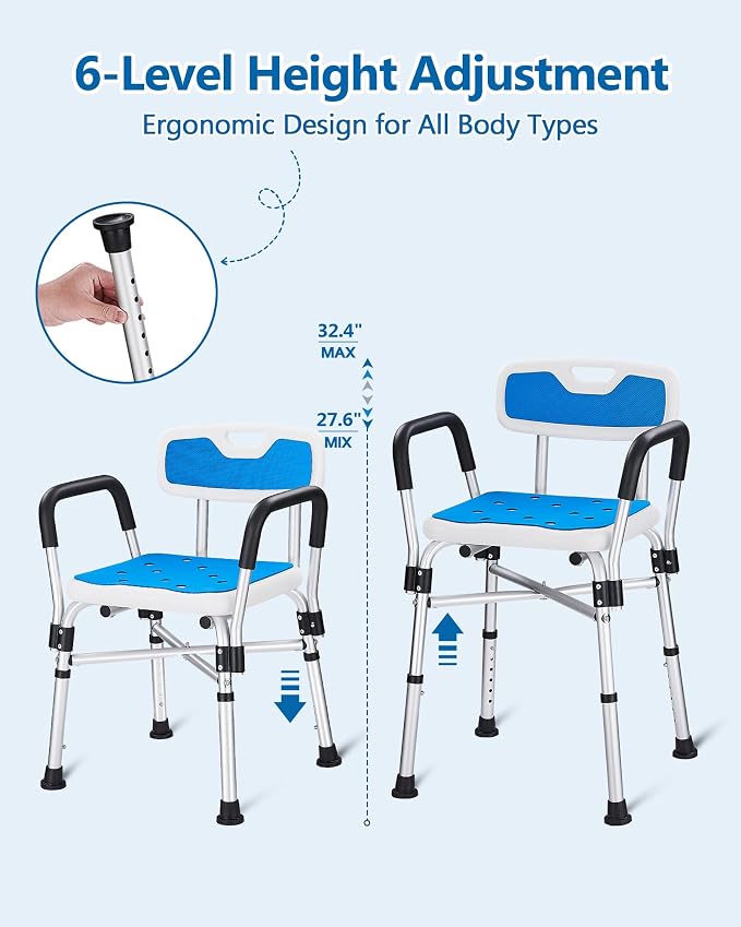 Shower Chair with Back and Arms, 400 lb Capacity | Reinforced Safety Bar, Non-Slip Bath Seat, For Elderly, Adults and Disabled Users