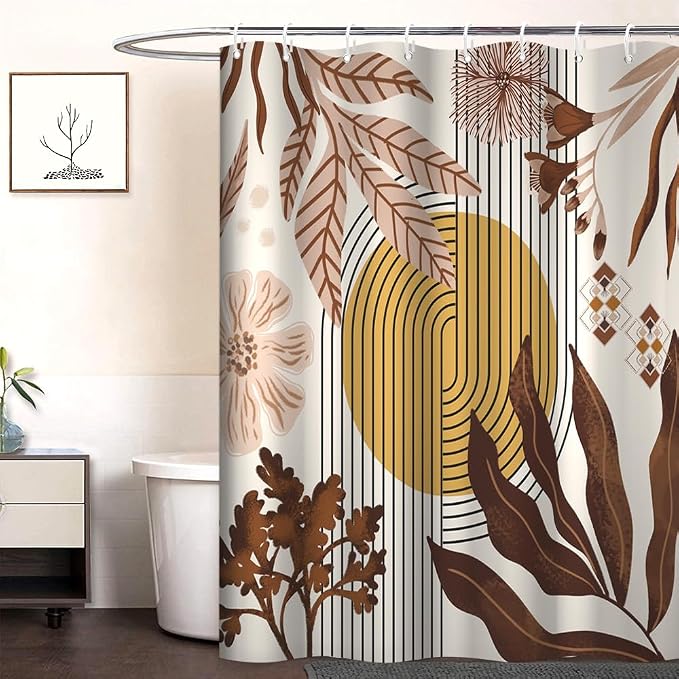 Boho Brown Shower Curtain for Bathroom 72x72 Inch | Waterproof Abstract Tan Floral and Leaves Shower Curtain Set with Hooks, Mid Century Bathroom Decor