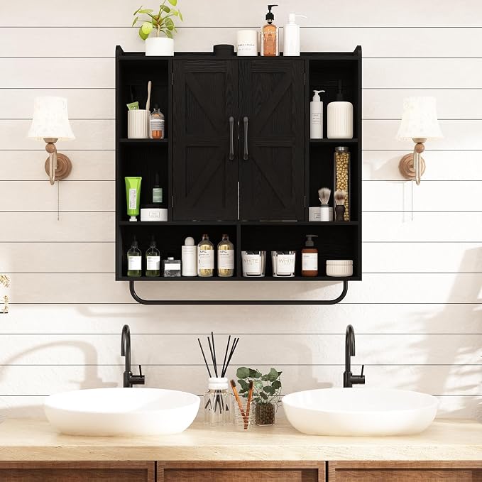 RUSTOWN Rustic Bathroom Wall Storage Cabinet with 2 Barn Doors, Black | Farmhouse Medicine Cabinet, Wall Mounted, Space Saving, 3-Tier Adjustable Shelves, Towel Bar, 5 Hooks