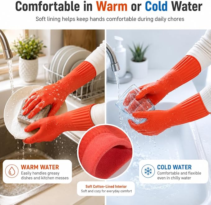 ThxToms Rubber Dishwashing Cleaning Gloves (2-Pair) - Fleece Lined | Reusable Long Dish Gloves for Washing Dishes, Waterproof Kitchen Gloves with Extra-Long Cuff & Anti-Slip Design, Large