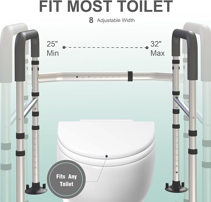 Toilet Safety Rails(350LBS), Adjustable Toilet Frame with Handles for Seniors, Elderly & Disabled, Foldable Toilet Grab Bars with Tissue Holder & Storage Bag,Fit Any Toilet, Gray