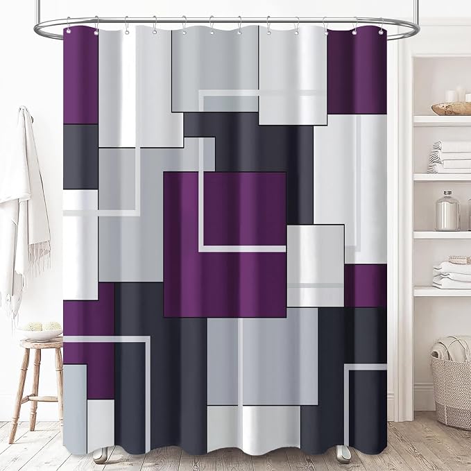 60x72 Stall Modern Geometric Waterproof Fabric Shower Curtain, Purple | Narrow Long, Premium Polyester, Weighted Hem, 10 Plastic Hook, Vibrant Color, Wrinkle-resistant, Quick-Dry, Machine Washable