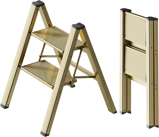 2 Step Ladder, Folding Step Stool, Brown Gold | Wide Anti-Slip Steps and a Foldable, Space-Saving Design for Adults to Use in Kitchens, Closets, Library,300 lbs