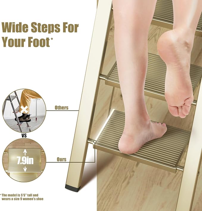 6 Step Ladder, Folding Step Stool, Lightweight Stepladder, Gold | Reach 12ft;Anti-Slip 7.9'' Wide Pedal;Portable Handrail;Space-Saving;For Kitchen, Home, Library, Office Use;300lbs Capacity