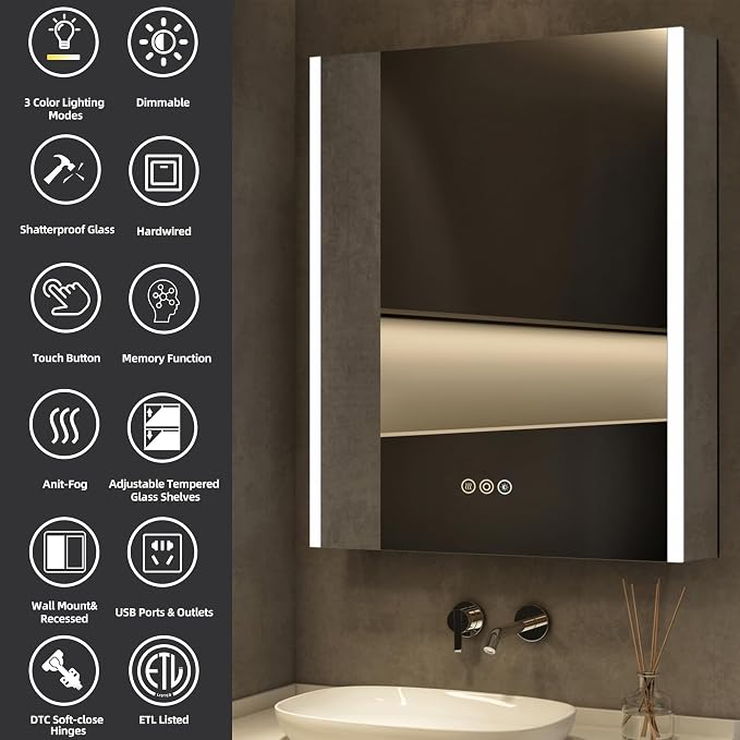16 x 24 Inch Medicine Cabinet with Mirror and LED Light for Bathroom | Recessed, Wall-Mounted, Dimmable, Anti-Fog, Memory Function, 3 Color Mode, Outlet&USB, Adjustable Shelf, ETL Listed, Aluminum