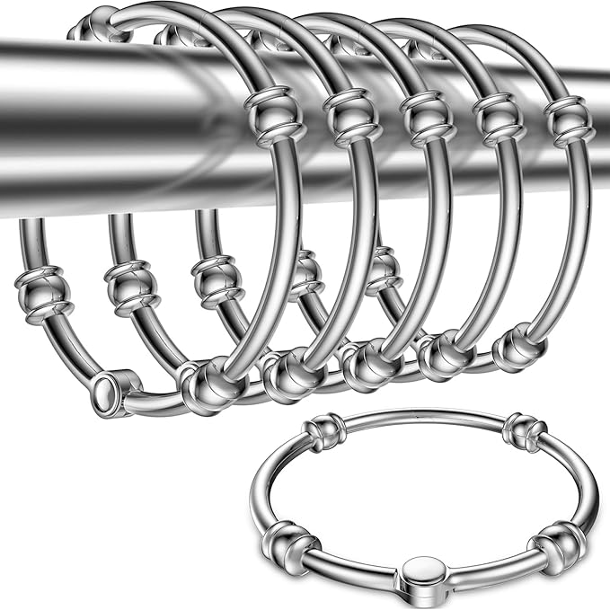 Shower Curtain Hooks, Rust Proof Metal Decorative Shower Rings for Bathroom, Glide Smoothly on Shower Curtain Rod, 12 Pcs Chrome