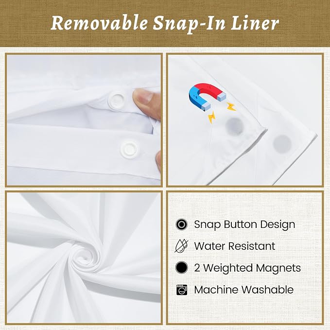 WONICY No Hook Shower Curtain with Snap-in Liner, Khaki, 71 x 74 Inch | Ringless, Waterproof & Washable, Hotel Style, Mesh Top Window, Bottom Magnets, Thick, Farmhouse, for Bathroom