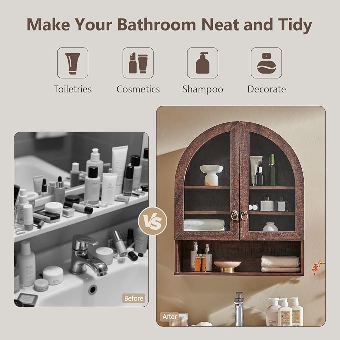 IFGET Bathroom Arched Wall Cabinet, 23.6'' Wide Medicine Cabinet with Adjustable Shelves & Glass Doors, Over The Toilet Storage Wall Mount Cabinet for Laundry Room, Kitchen & Living Room, Dark Walnut