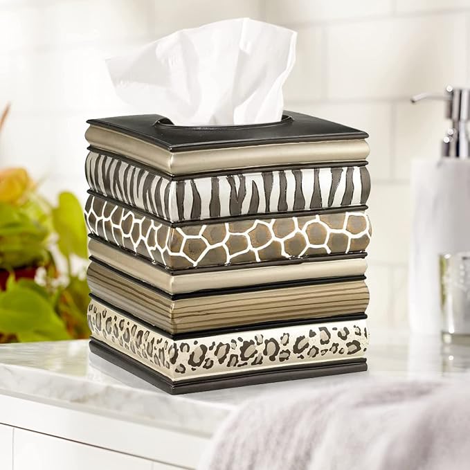 Resin Tissue Box Cover for Modern Home Decor - Minimalist Square Tissue Box Holder for Guest Room, Bedroom, Bathroom, Tabletop & Office - Durable and Aesthetic Tissue Holder, Safari Stripes