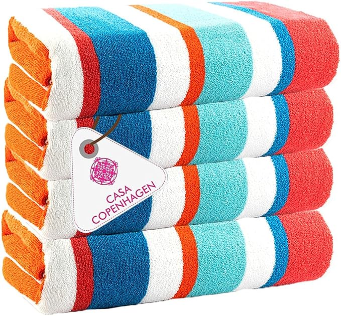 CASA COPENHAGEN Bora Bora Beach Towels Designed in Denmark Rough and Tough, Quick Dry, for Pool, Bath & Shower 30x60 inches 4 Pieces Cotton Beach Bath Towels Set - Turquoise