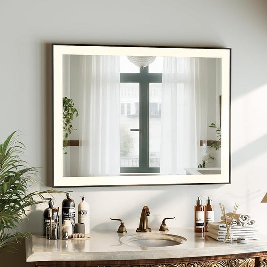 HARRITPURE Vanity Mirror with Lights, 28"x 36" LED Bathroom Mirror | Black Framed Lighted Mirror for Wall, Anti-Fog, Stepless Dimmable, 3 Color Modes, Memory Function