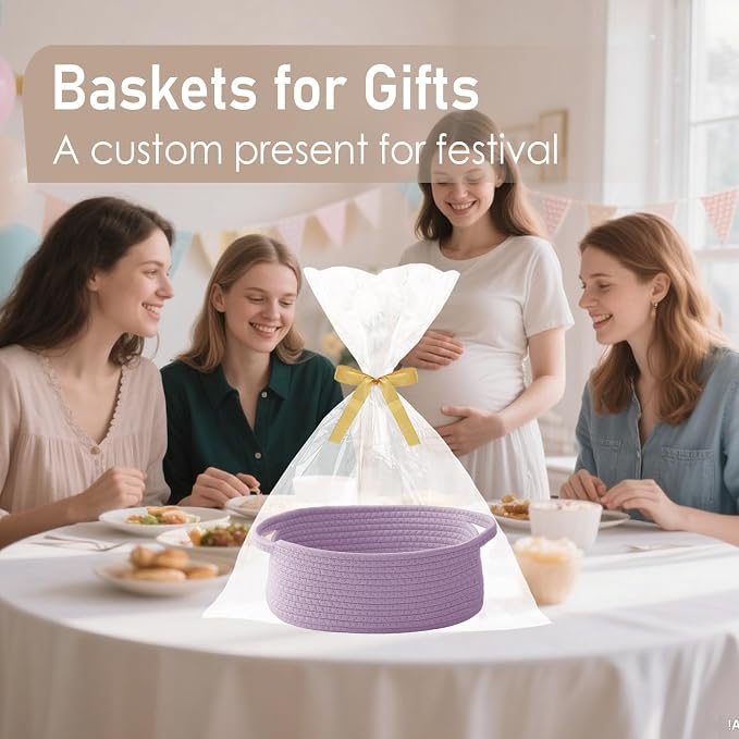 JMvicyroam Small Woven Basket, Empty Gift Basket, Purple/2 Pack | Small Gift Basket, Cotton Rope, 12 x 8 x 46 in, Handles, Includes Ribbon and Bag, Birthday Gift Basket