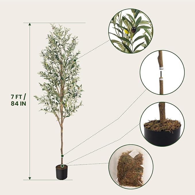 Artificial Fake Olive Tree 7FT 2Pack Faux Olive Tree for Home Decor | Faux Artificial Plants Indoor Fake Potted Plants with Natural Olive Branches and Realistic Leaves for Living Room Decor