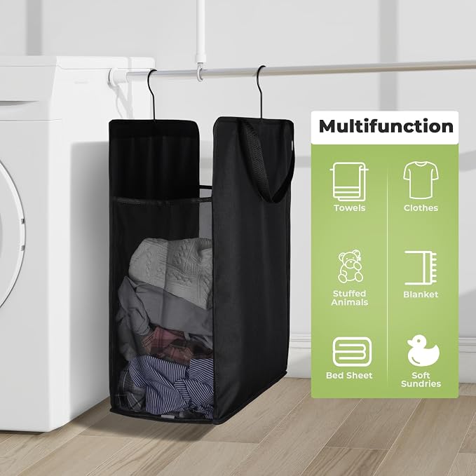 FENTEC Hanging Laundry Hamper，2 Pack Black Hanging Laundry Basket | Slim Laundry Hamper Bag with Handles, Portable Hanging Closet Hamper, Mesh Heavy Duty Hanging Laundry Bag