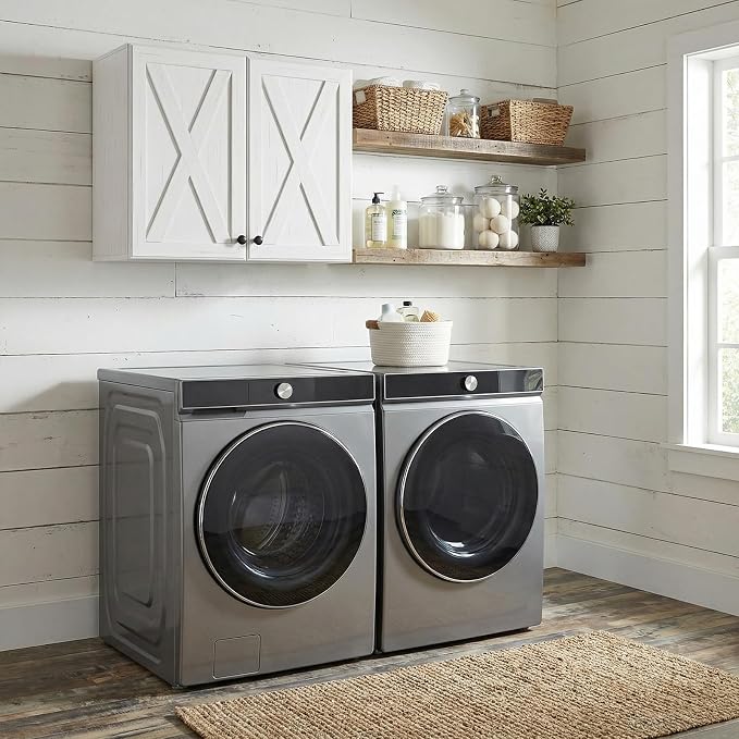 24" W Laundry Room Wall Cabinets, Farmhouse Wall Cabinet with Adjustable Shelf, Wood Kitchen Wall Cabinet, Floating Cabinet for Bathroom, Kitchen, Off White