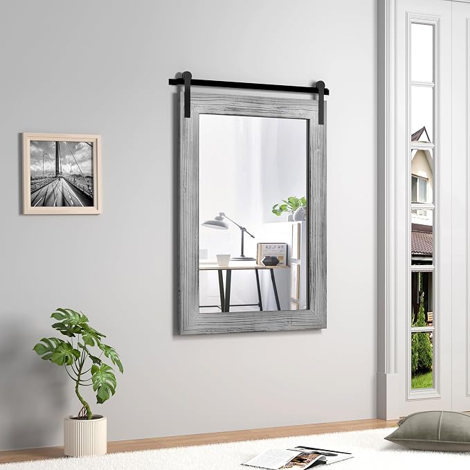 COGOOD Farmhouse Bathroom Mirrors for Over Sink - 42 x 29 Grey | Rustic Barn Door Wood Framed Vanity Mirror for Entryway, Living Room, Bedroom, Dresser Wall Decor
