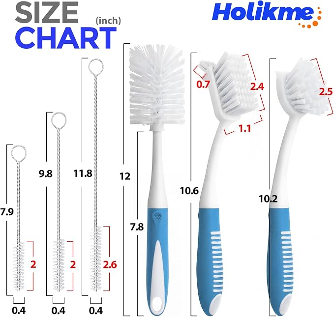 Holikme 6 Pack Dish Brush Set with Bottle Brush, Dish Scrub Brush,Blue | Pan Brush and 3 Straw Brushes, Deep Cleaning Handle Brush with Scraper Tip for Kitchen Sink Dishes Bottle Cup Pot and Pans