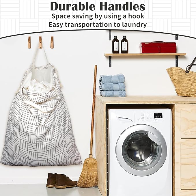 Canvas Laundry Bag with Handles & Drawstring 30"Wx35"H, L+ Geometry Grid | Thick Canvas Storage Bag, Large Heavy Duty Washable Dirty Clothes Travel Sack, for Camp, College Dorm, Laundromat